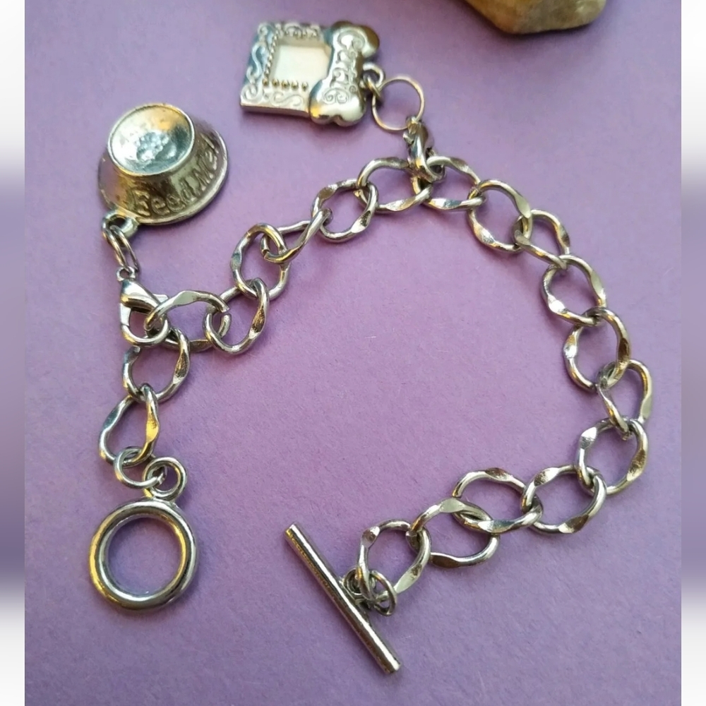 Puppy dog bracelet bowl picture frame charm silverplated  toggle clasp - Picture 4 of 7